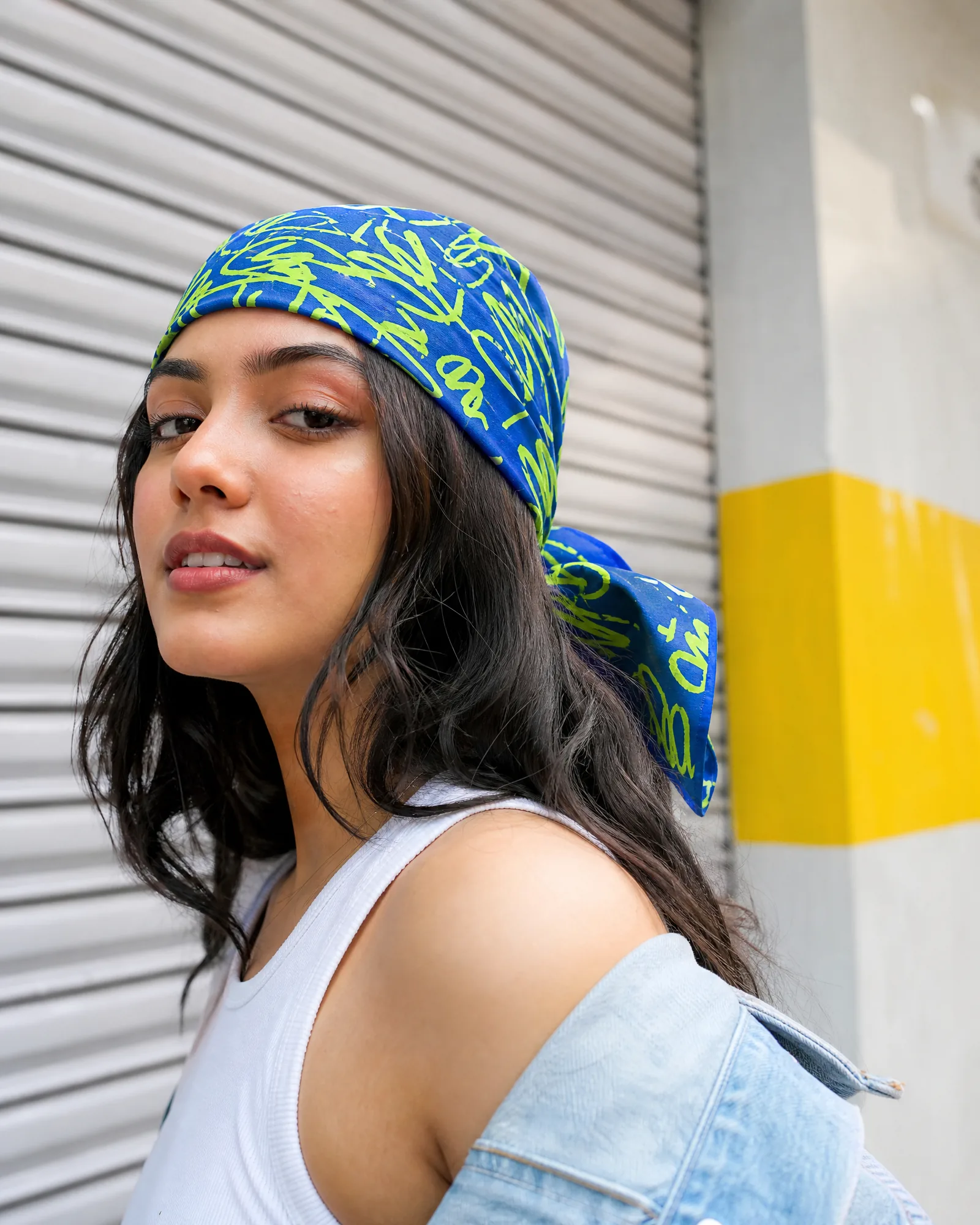 Cotton Bandana, Graffiti Print — Blue — on model