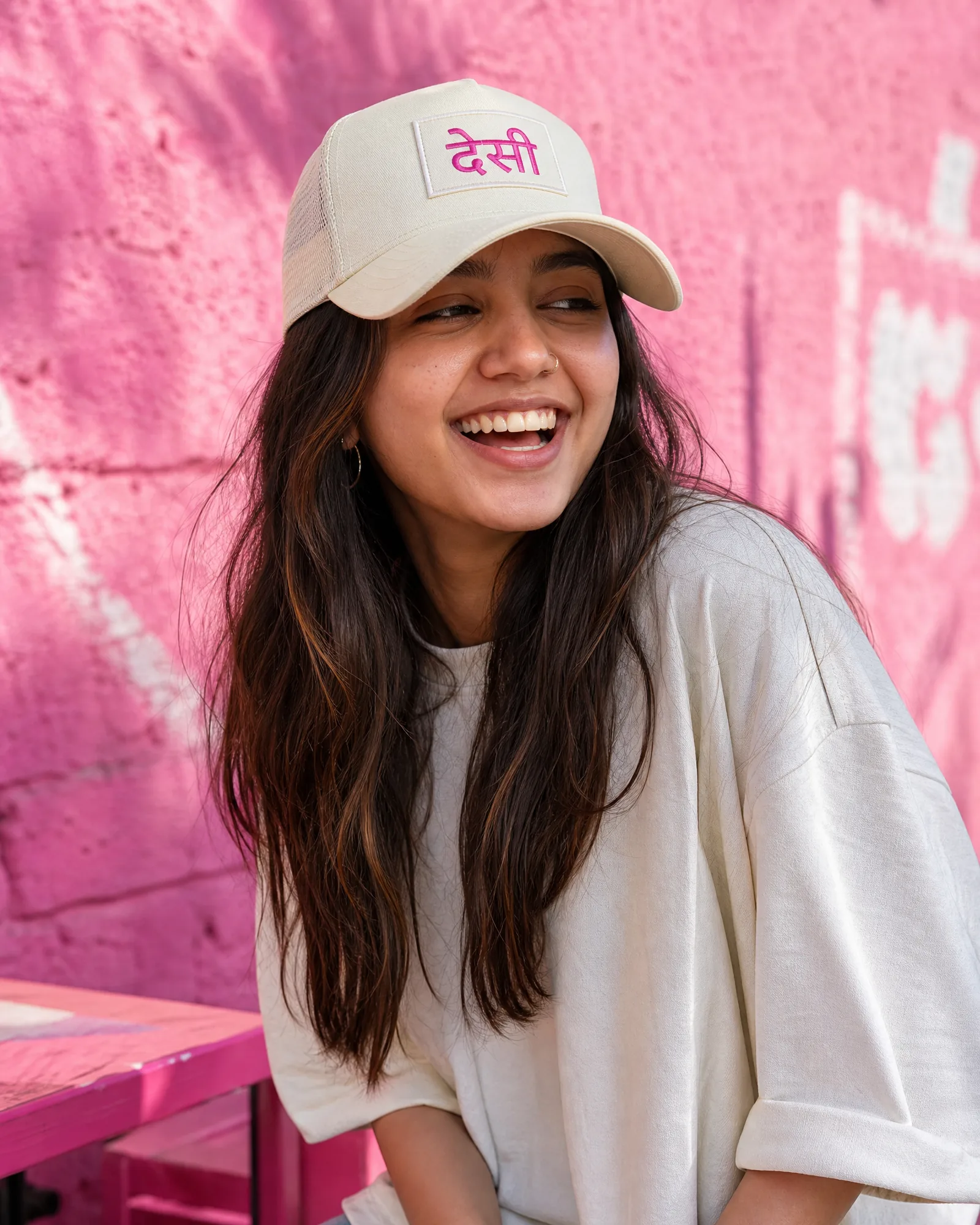 Trucker Cap, Desi-Pop Patch — Off-White/Rani — on model
