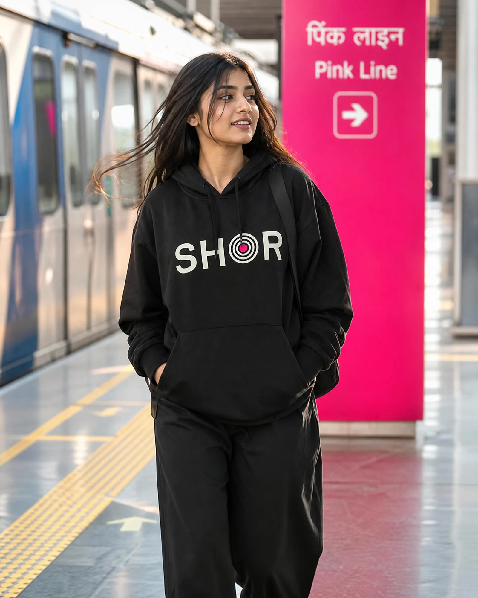 SHOR Logo Oversized Hoodie — Ink Black — on model