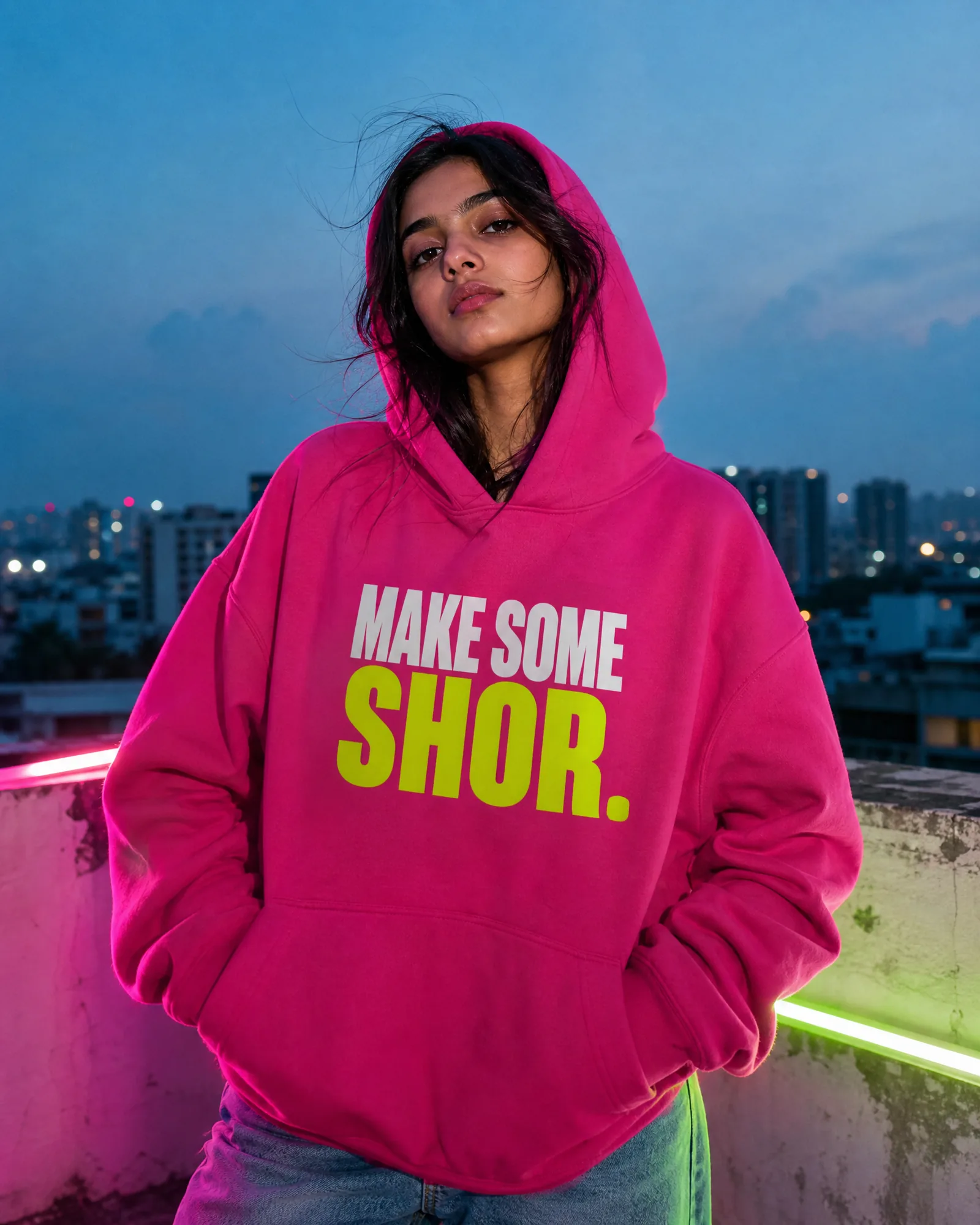 "Make Some SHOR" Hoodie — Rani Pink — on model