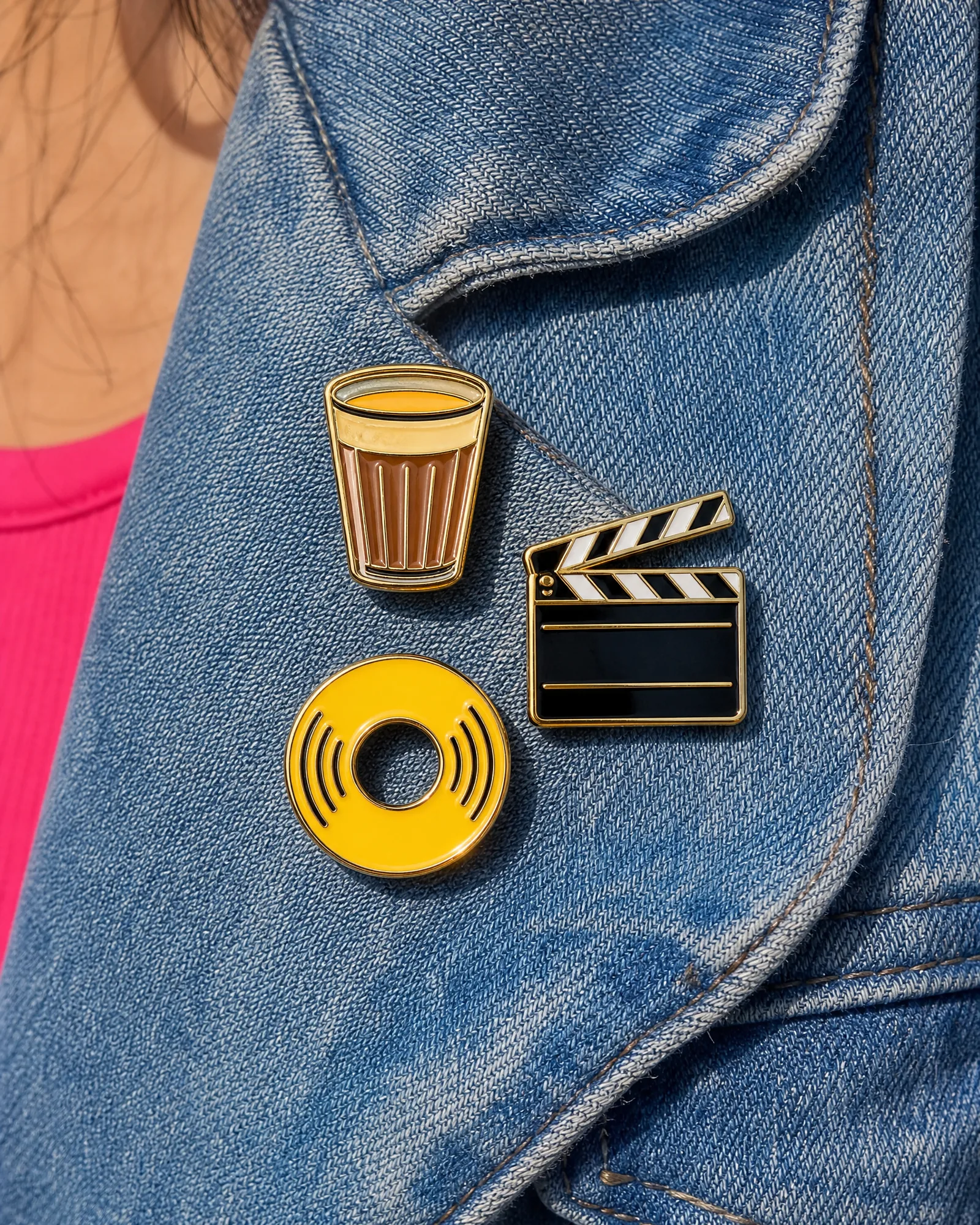 Enamel Pin Set of 3 — Desi-Pop Icons — on model