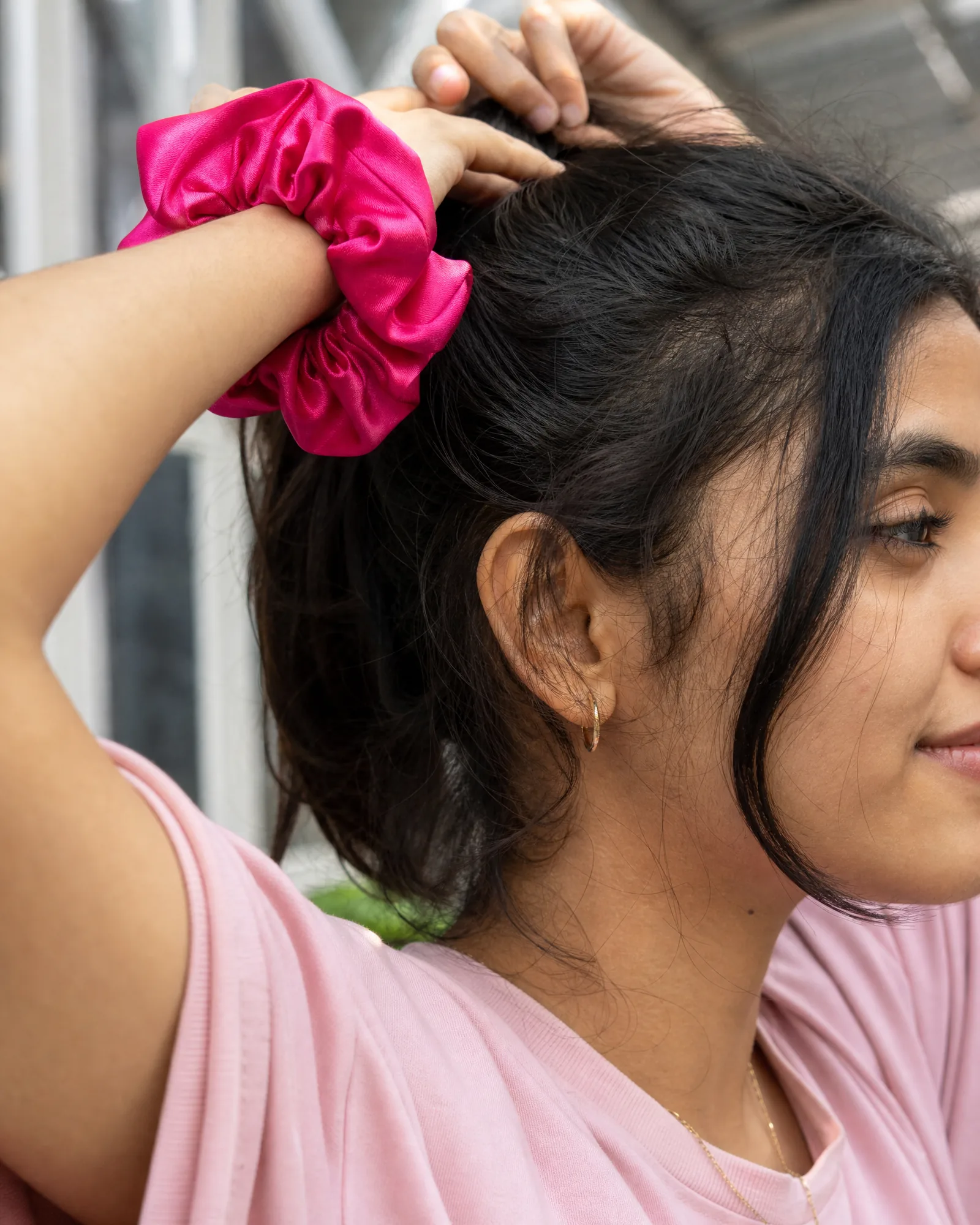 Satin Scrunchie — Rani Pink — on model