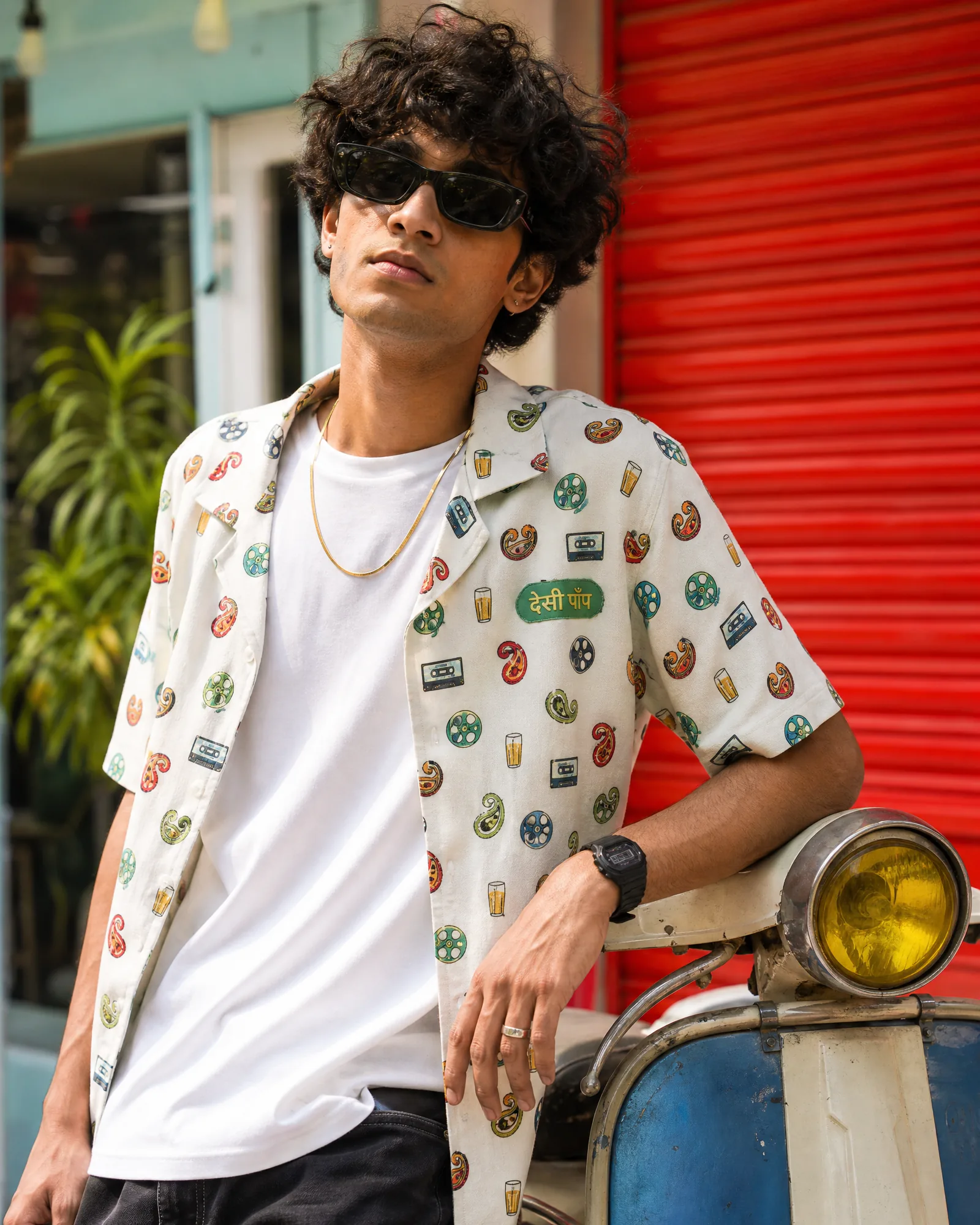 Bowling Shirt, Desi-Pop Print — Off-White — on model