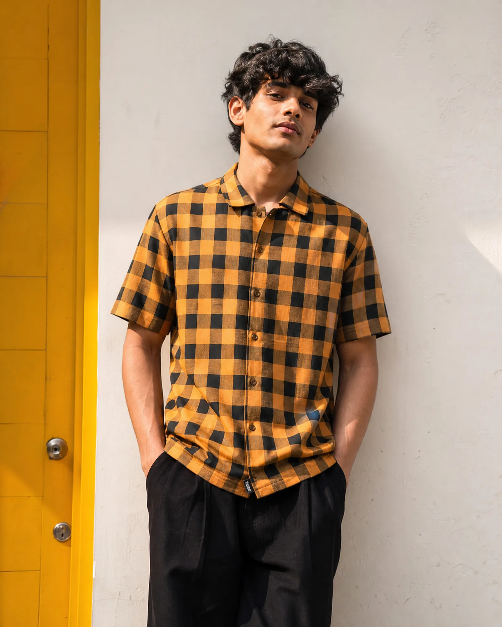 Oversized Camp-Collar Shirt — Marigold Check — on model