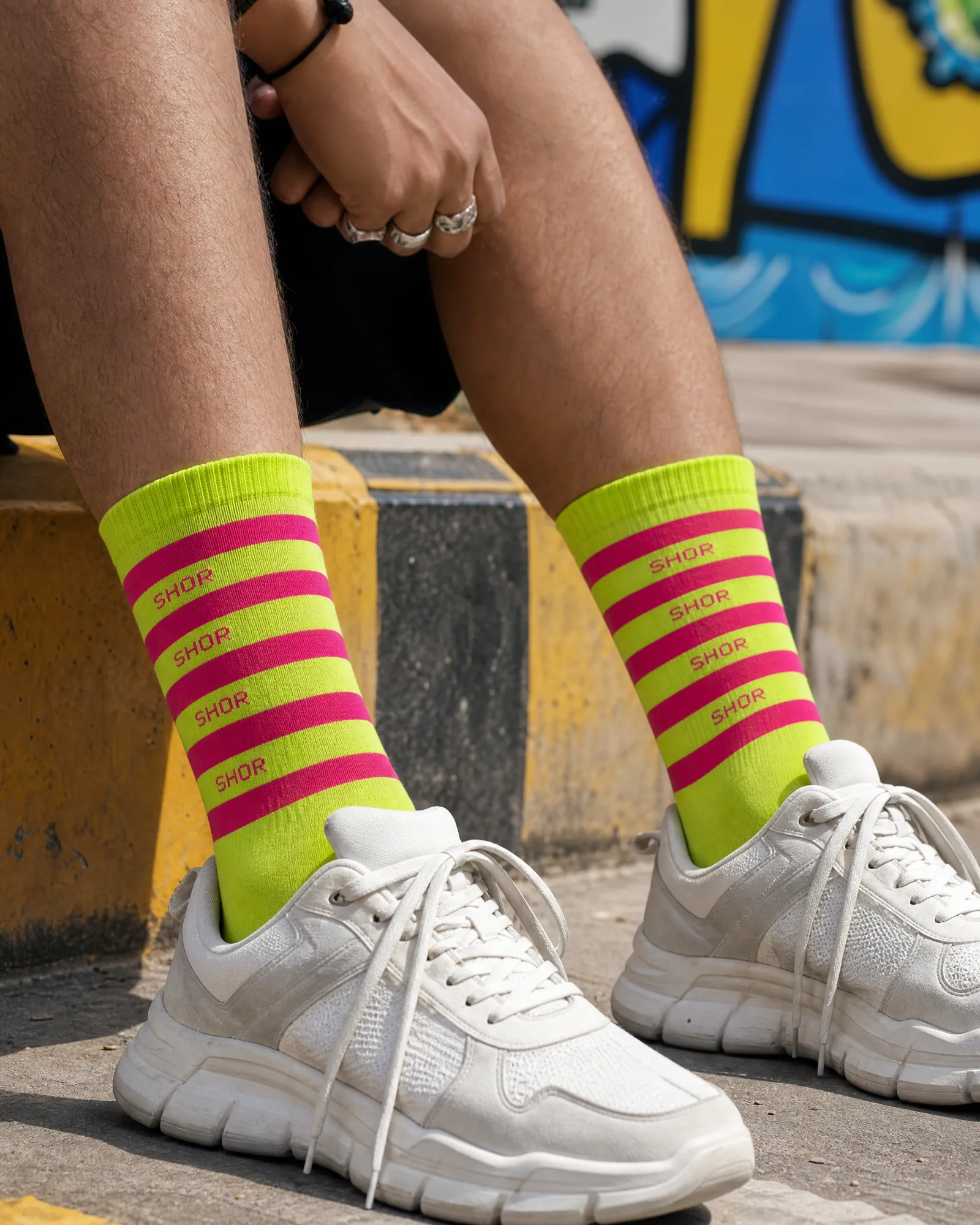 Loud Stripe Crew Sock — Rani/Lime — on model