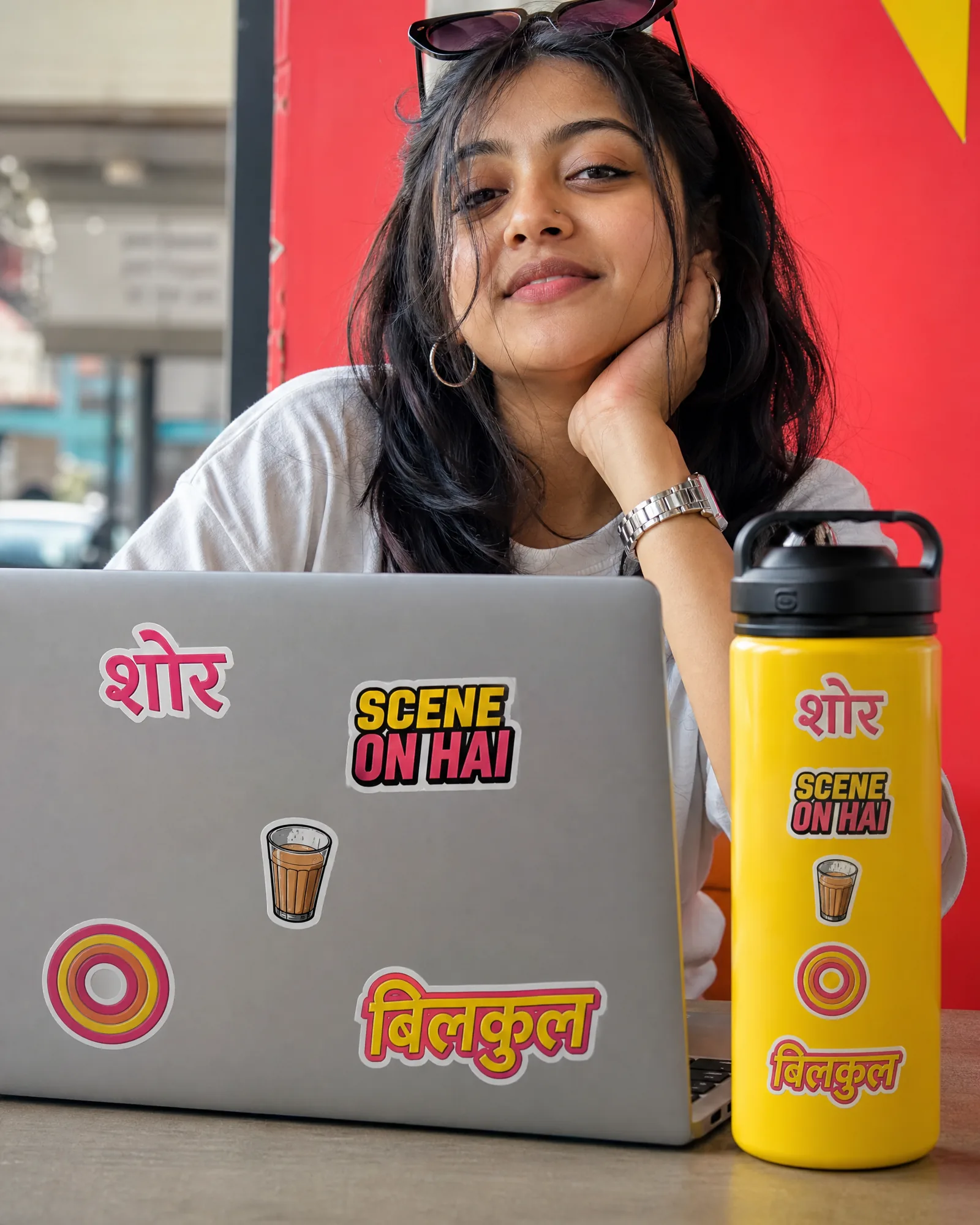 Sticker Pack of 5 — Hinglish — on model