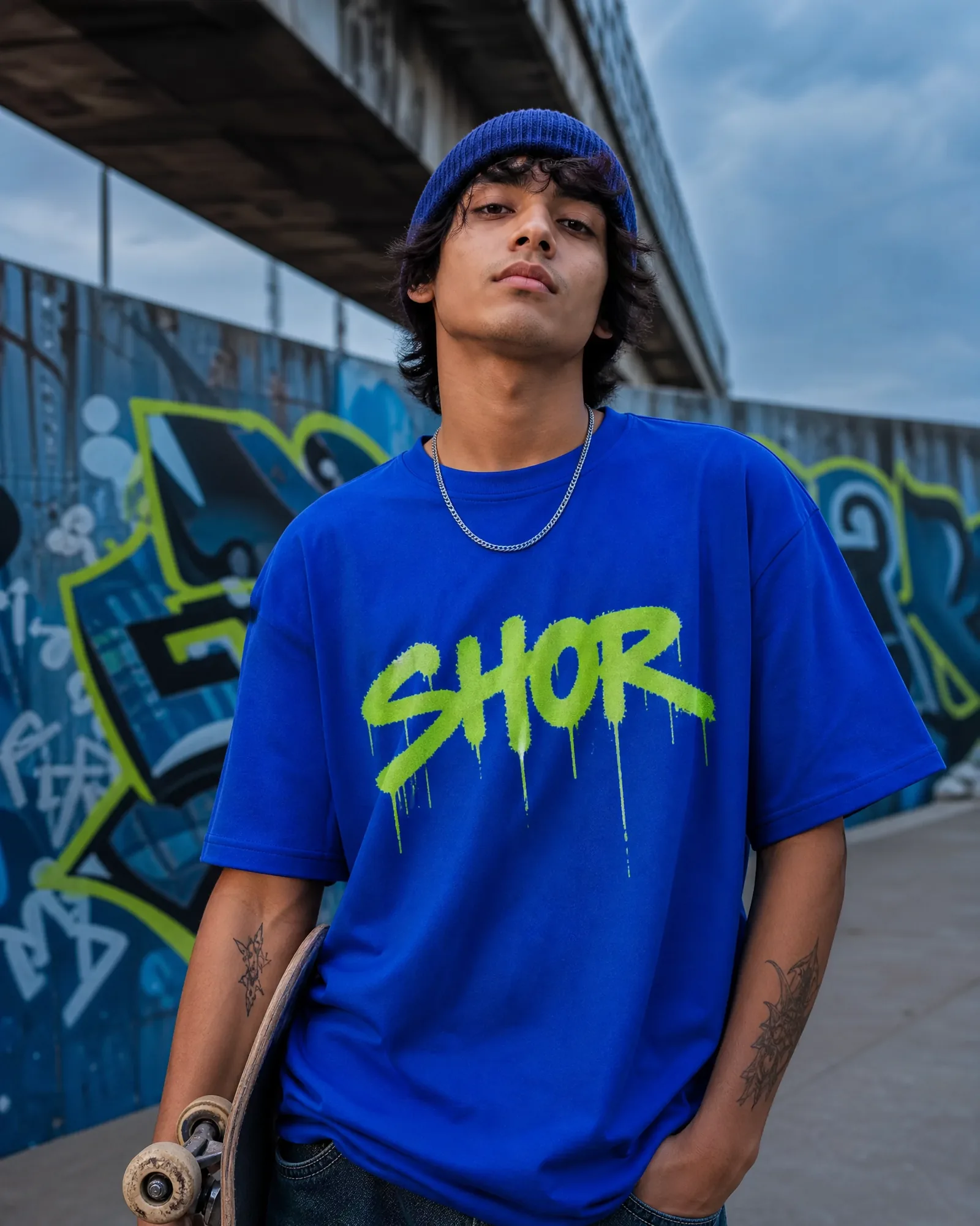Graffiti Drip Tee — Electric Blue — on model