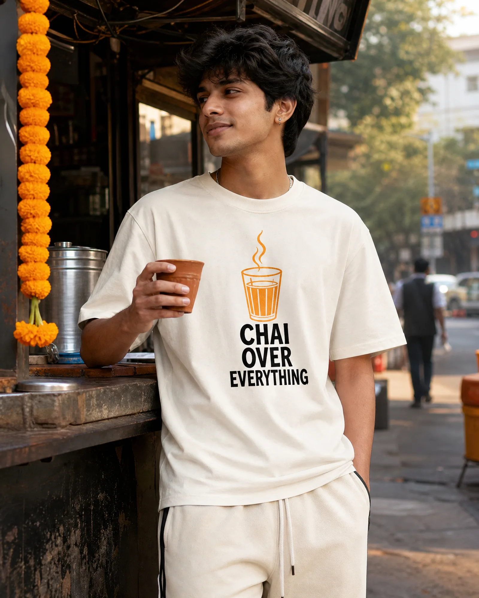 "Chai Over Everything" Tee — Off-White — on model